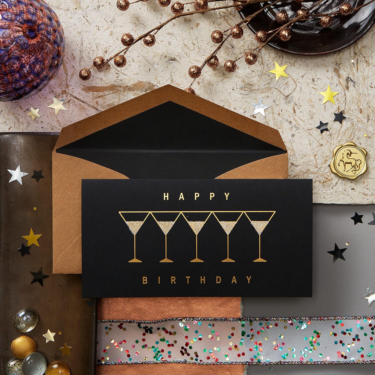 Row of Martinis on Black Birthday Card, NIQUEA.D