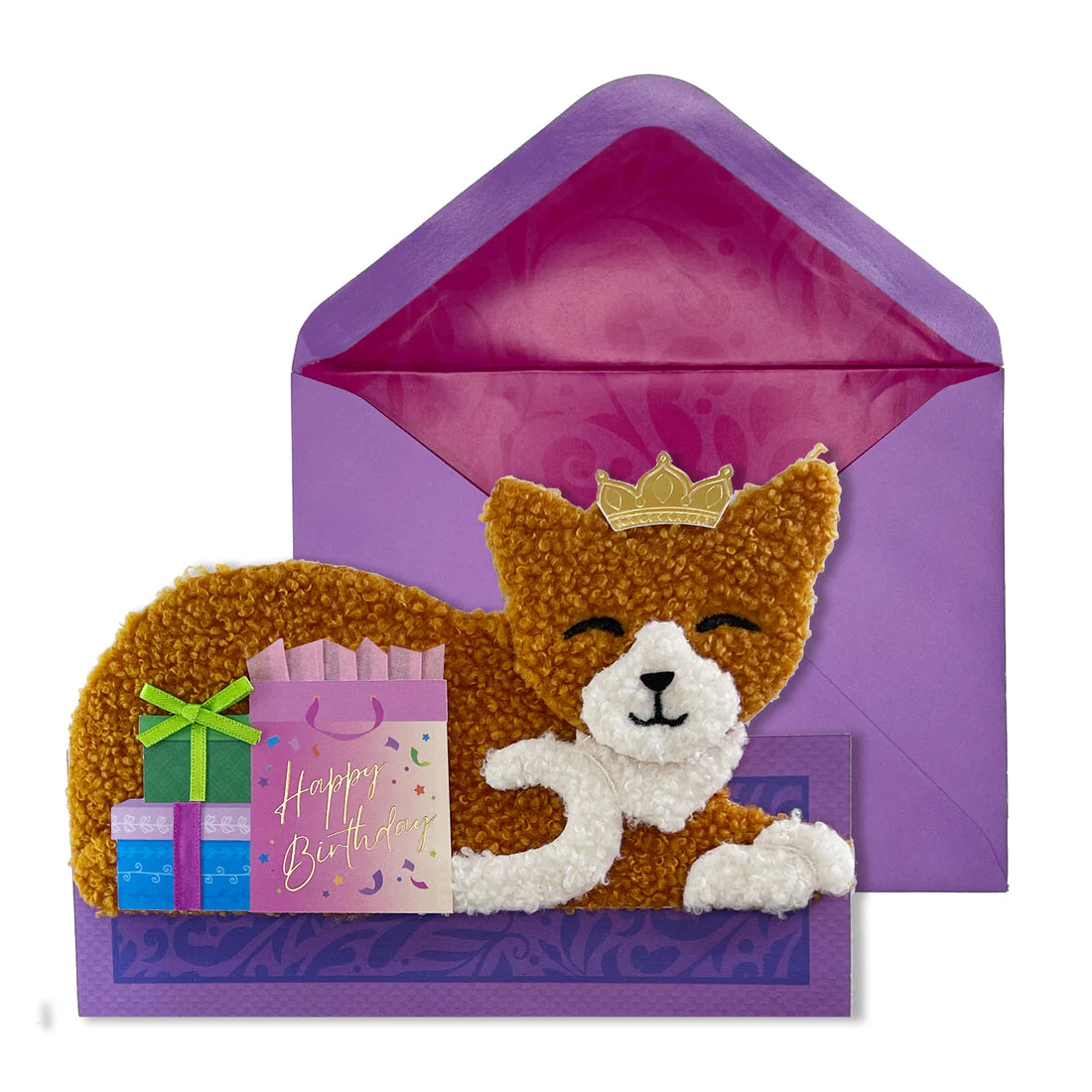 Birthday card with a plush cat design and envelope on a purple background